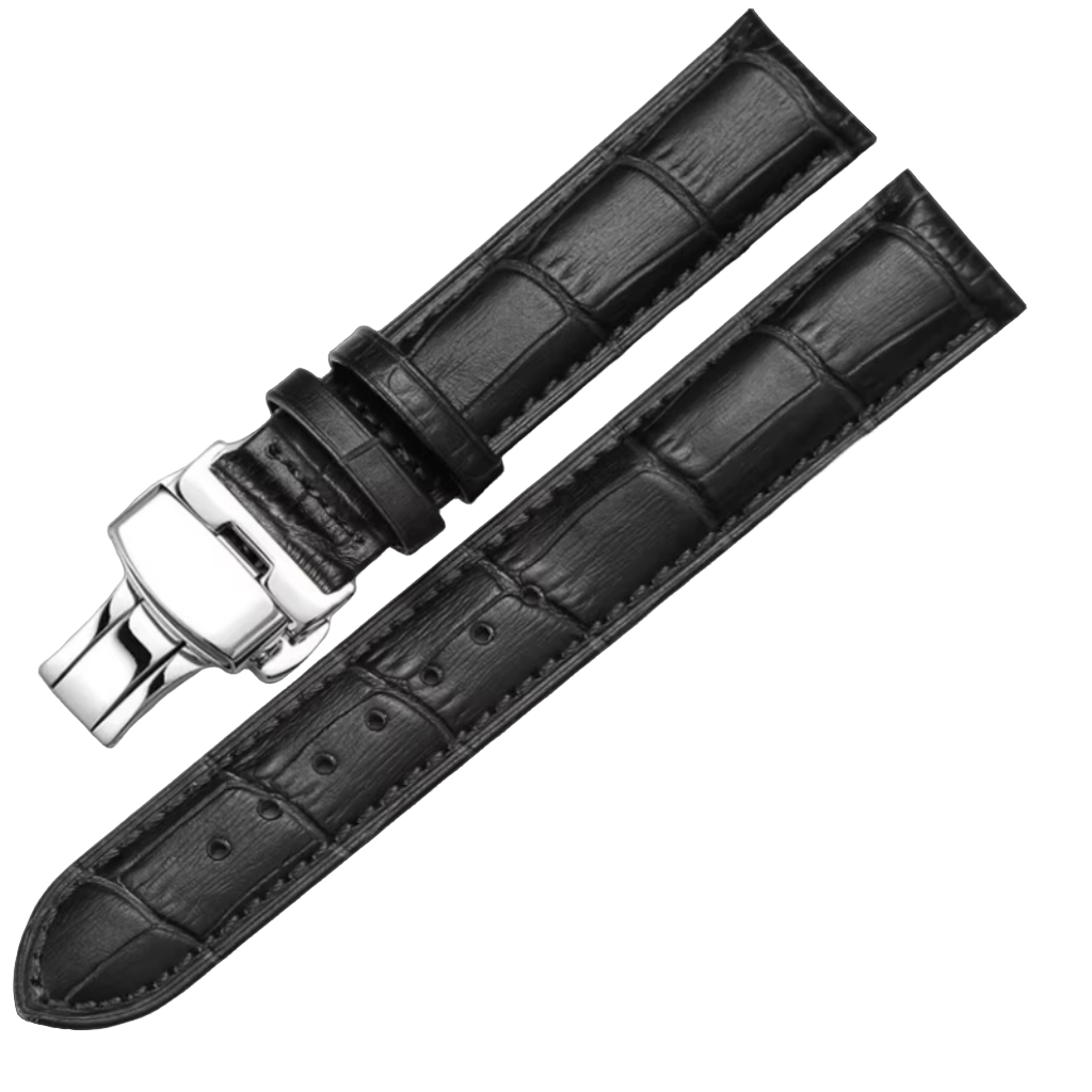 Black crocodile-patterned watch strap with silver buckle