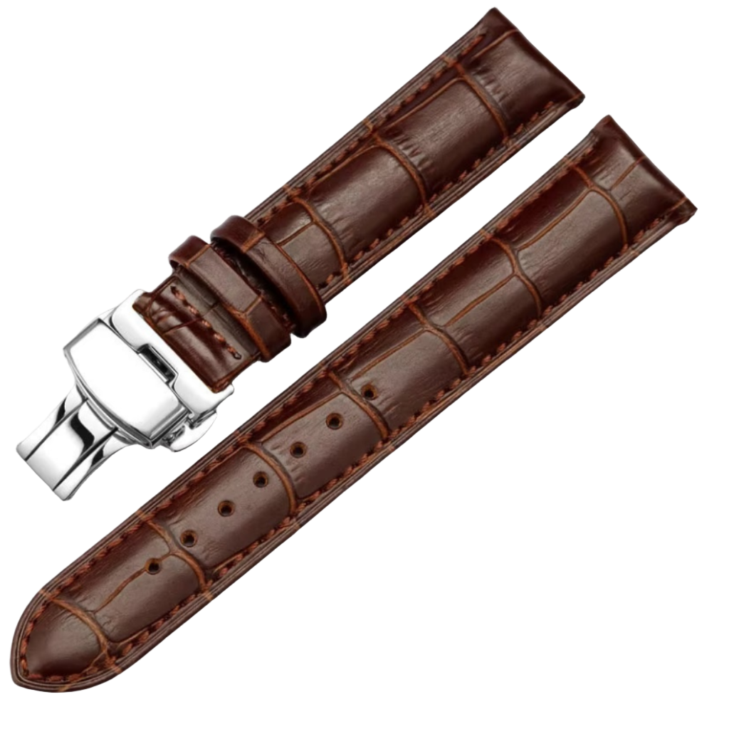 Brown leather watch strap with silver clasp.